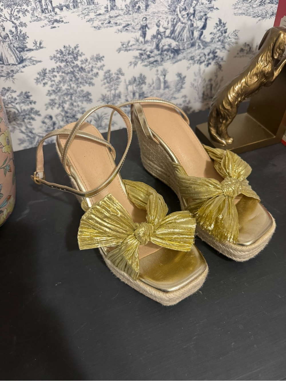 Gold Bow Espadrille Wedge Sandals - Women